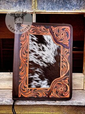 Western Handtooled Leather And Cowhide Three Ring Binder